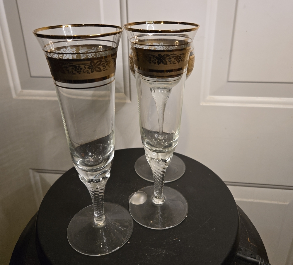 Hand Made Gold-Rimmed Champagne Flutes Plus 1 Bonus Wine Glass Vintage